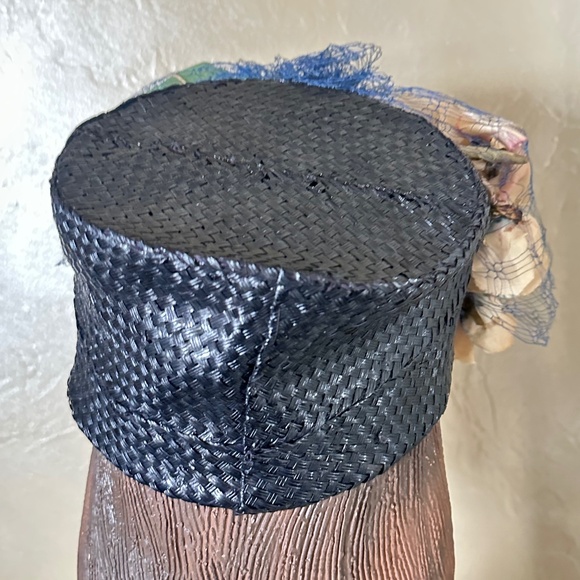 SWEET 1960\'s NAVY STRAW  HAT + FABRIC \